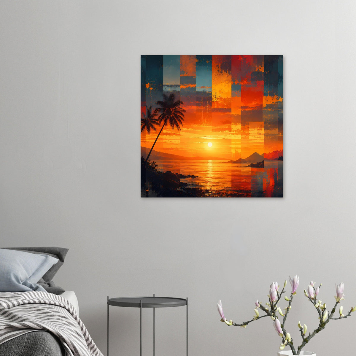 Kleines Kunstposter mit Sonnenuntergang über Meer, Palme links, Orange Patchwork