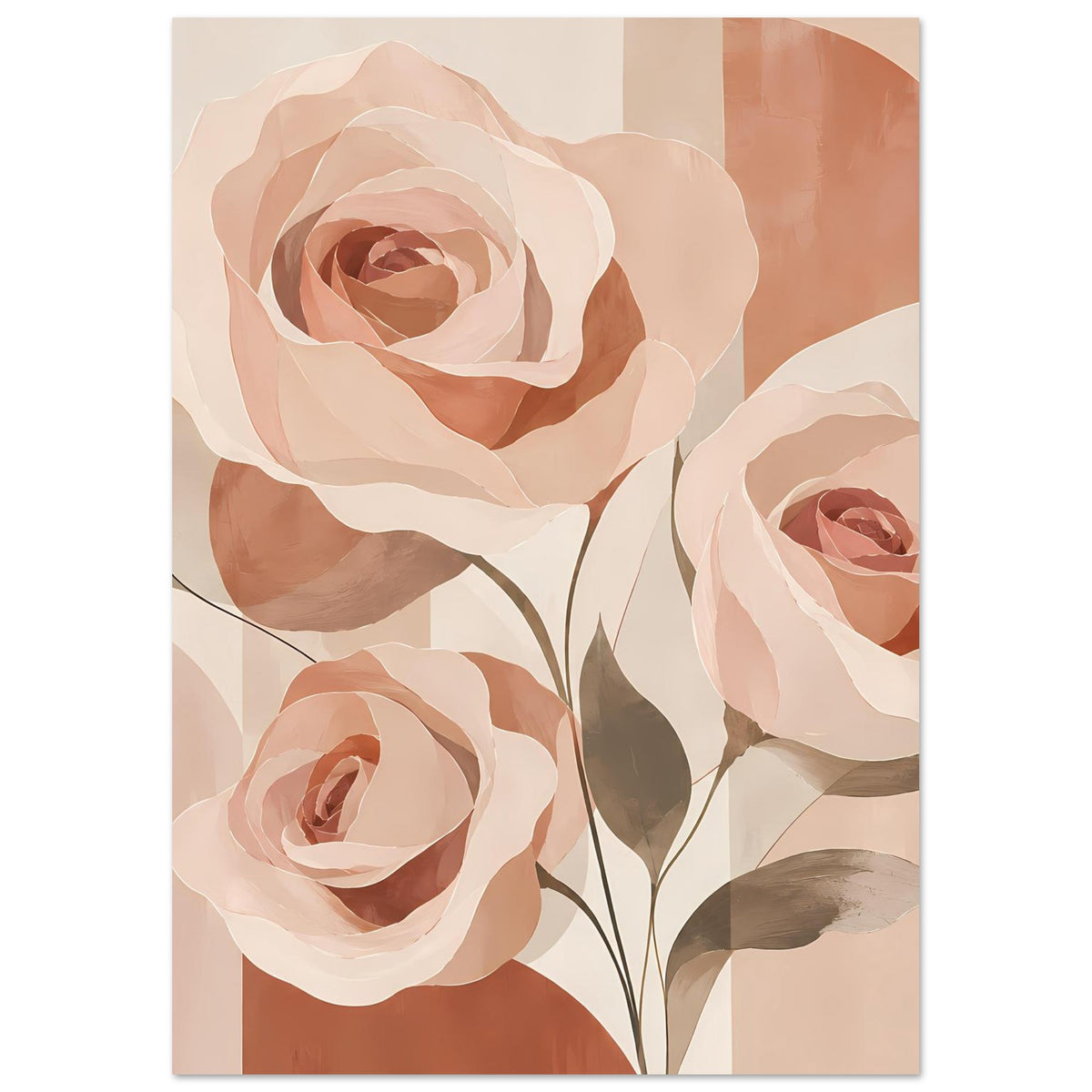 Blumenposter mit Rosen in Creme, Rosa und Pfirsich, kräftige Blattranken im Zentrum
