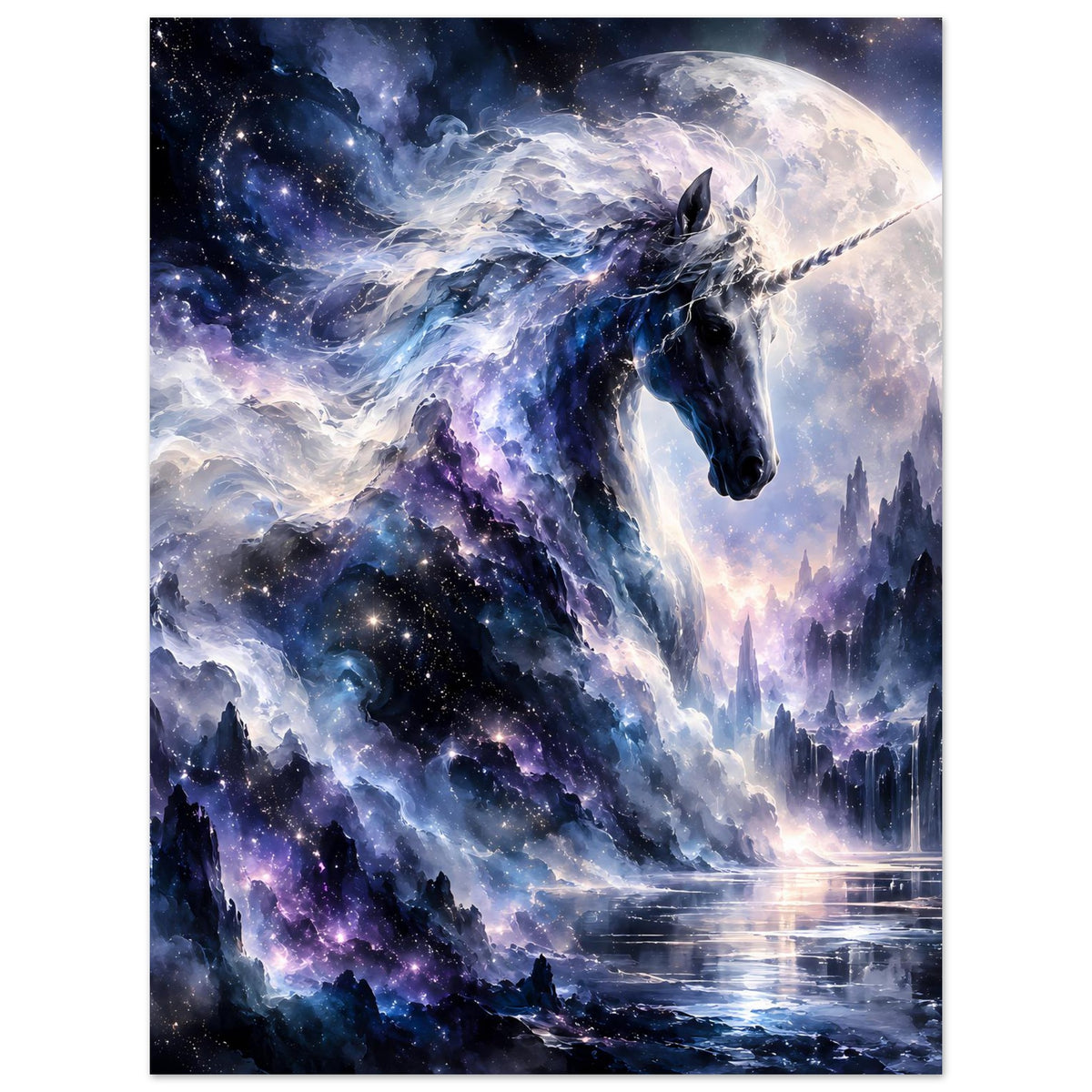 Galaktisches Einhorn-Poster, hoch: leuchtendes Einhorn, violette Sternenpartikel, Vollmond und Wasserlinie.