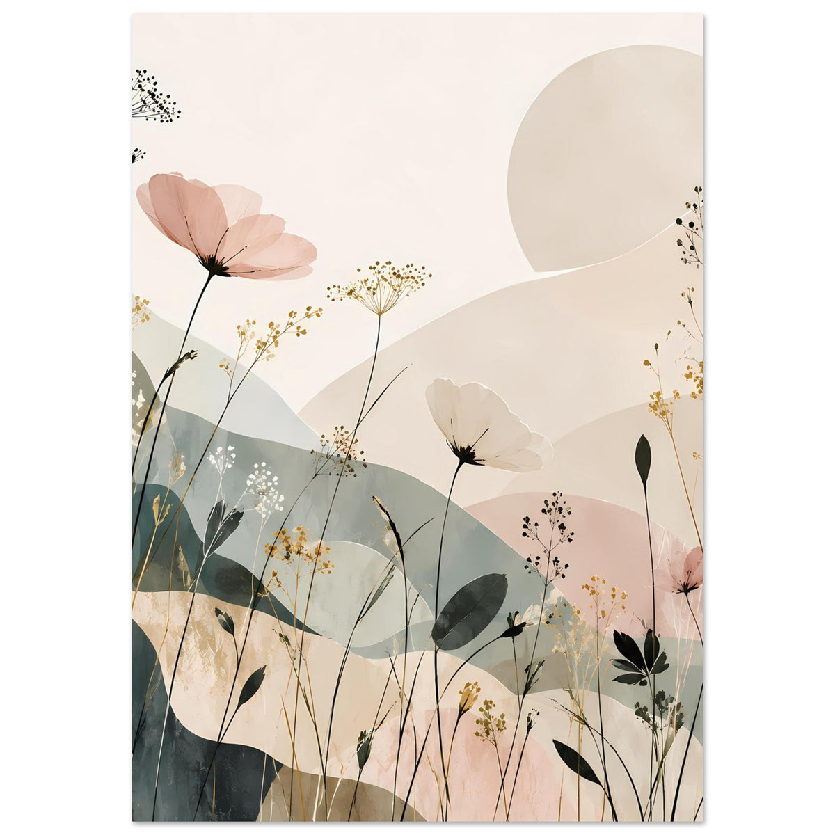 Blumenabstraktes Poster mit großer rosa Blüte, zarten Stielen und goldenen Akzenten auf hellem Hintergrund