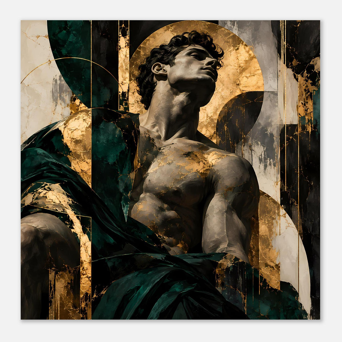 Kunstposter mit barocker Statue, dunkelgrüner Drapierung und goldener Bogenform