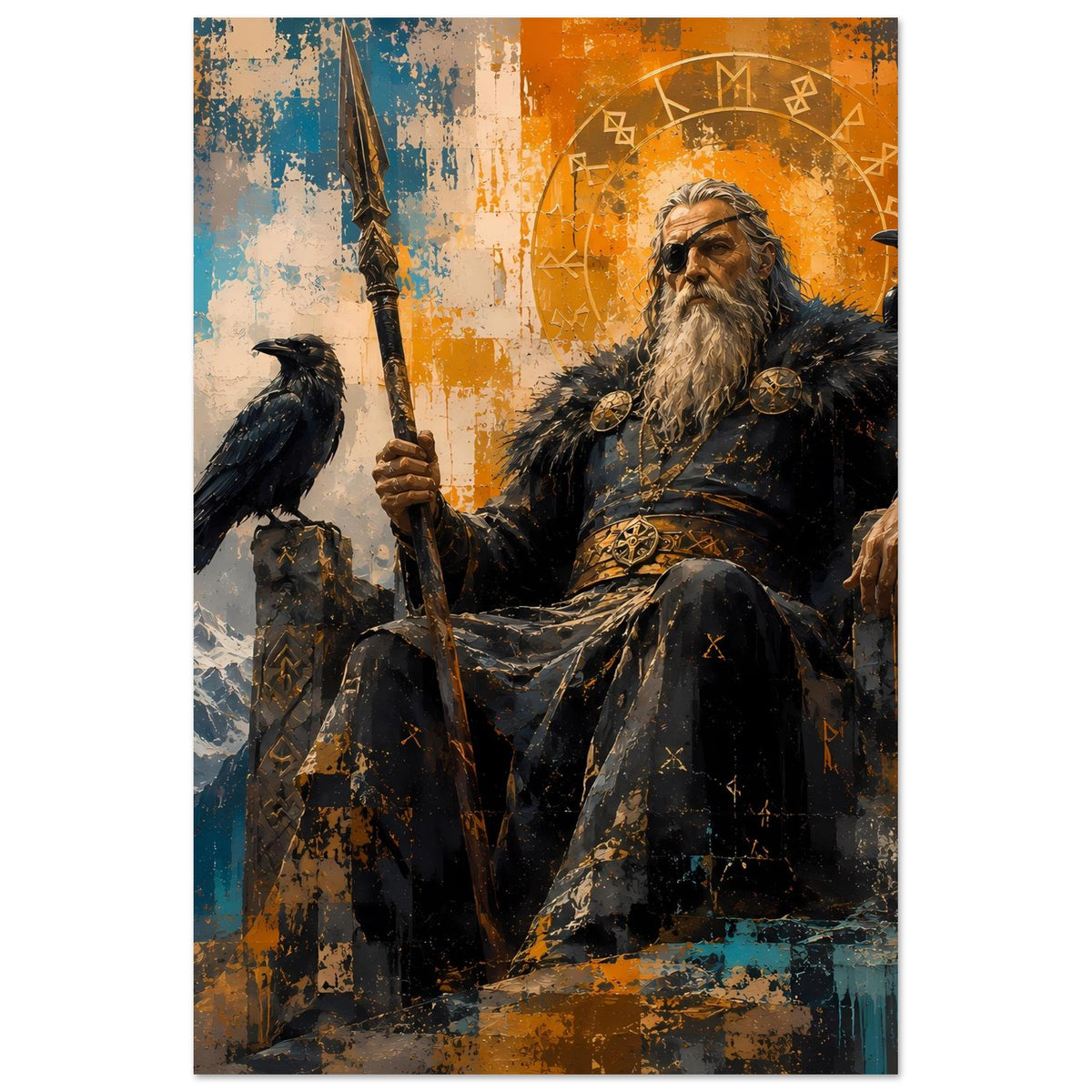 Hochformat-Poster mit Norse-Motiv: bärtiger Gott mit Speer, Rabe links, dunkle Ornamente