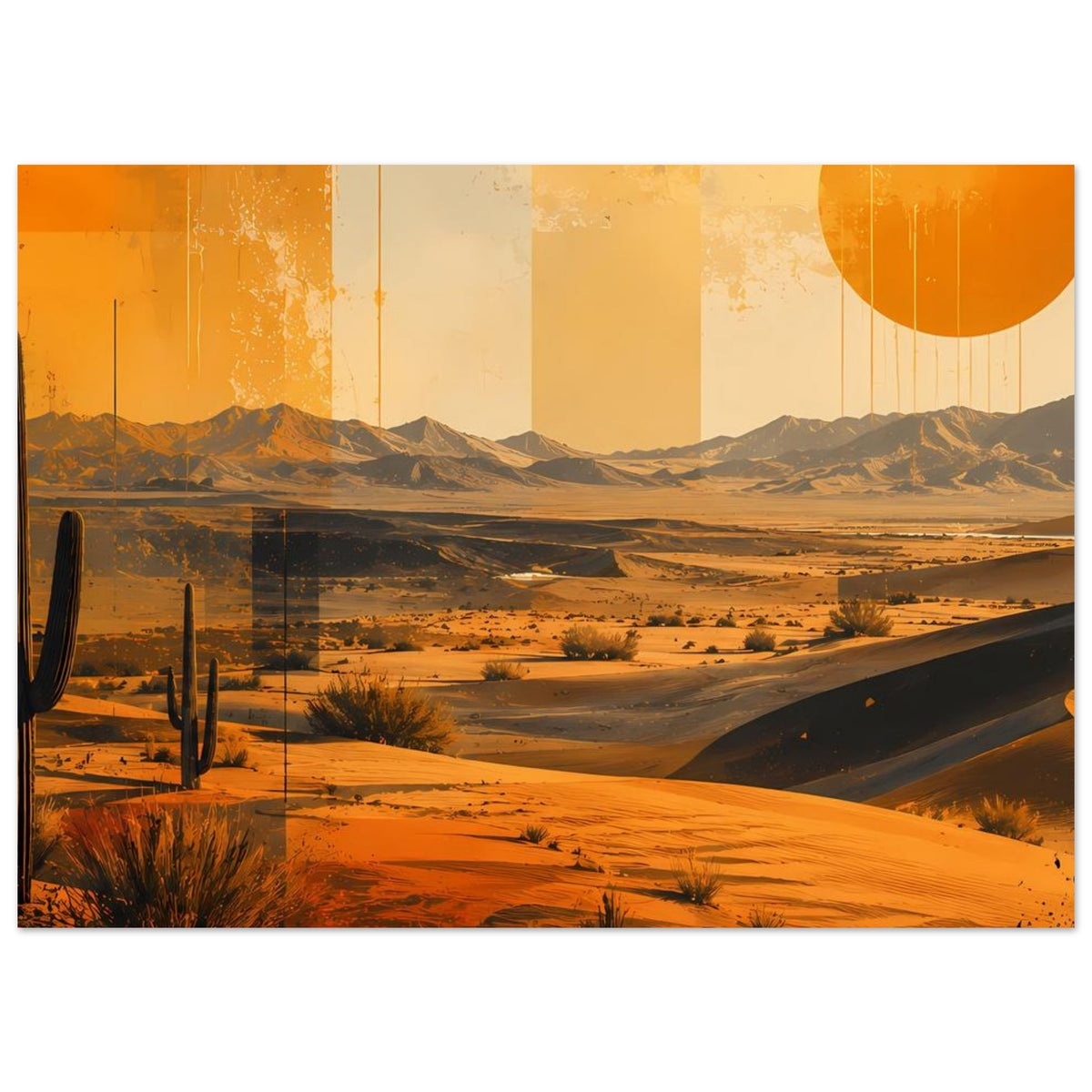 Retro-Wüstenposter mit Sanddünen, Kakteen und orangefarbenem Sonnenkreis