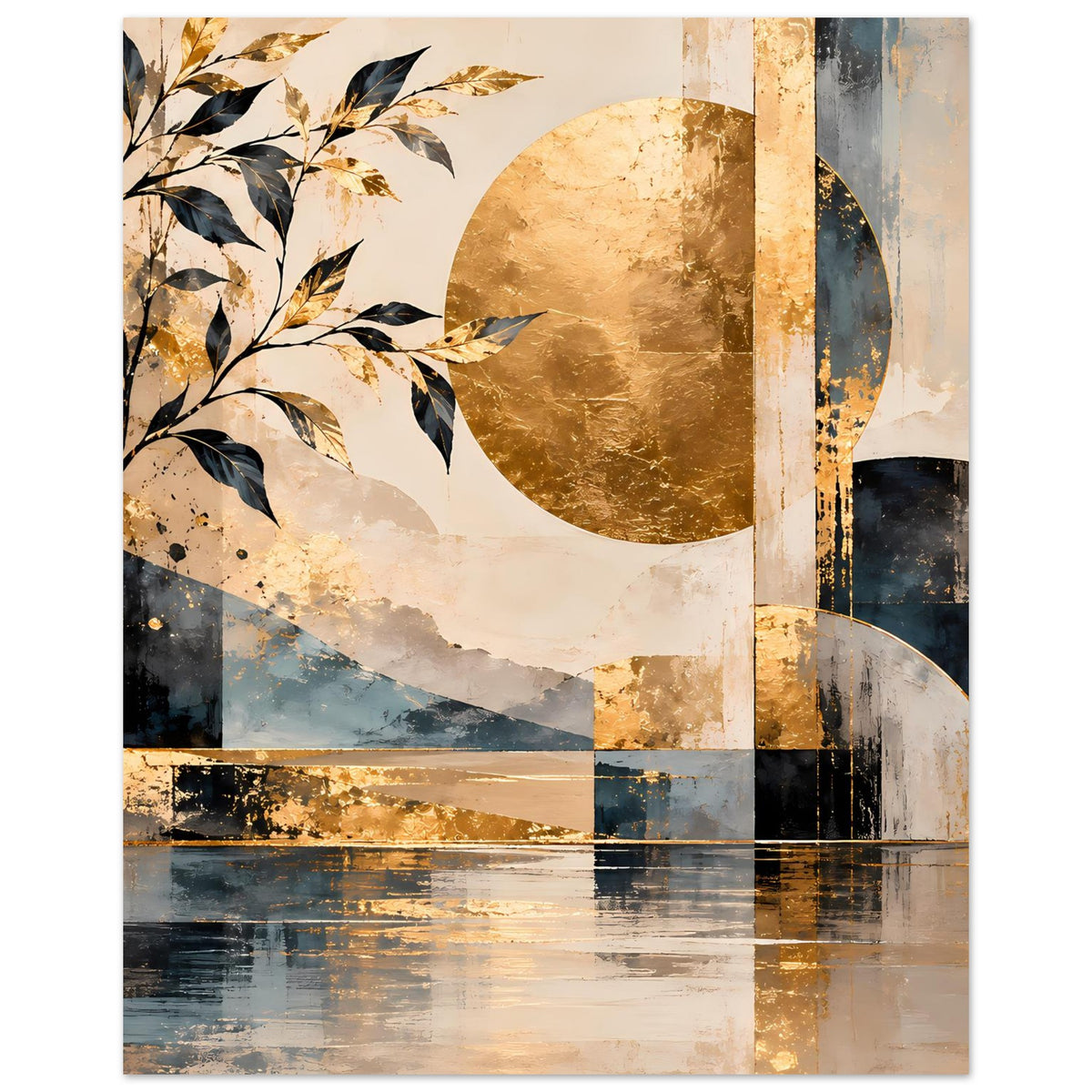 Kunstposter mit abstrakten Formen: goldene Flächen, blaue Segmente und florale Blätter