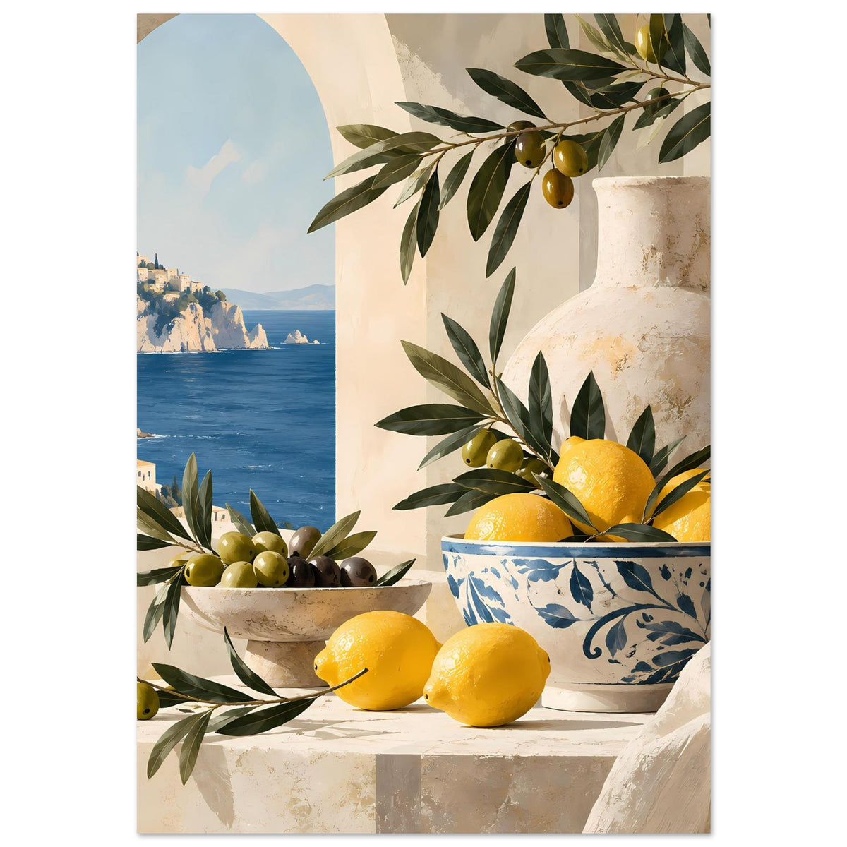 Poster mit Zitronen, Olivenzweigen und cremefarbener Vase, Meeresblick links