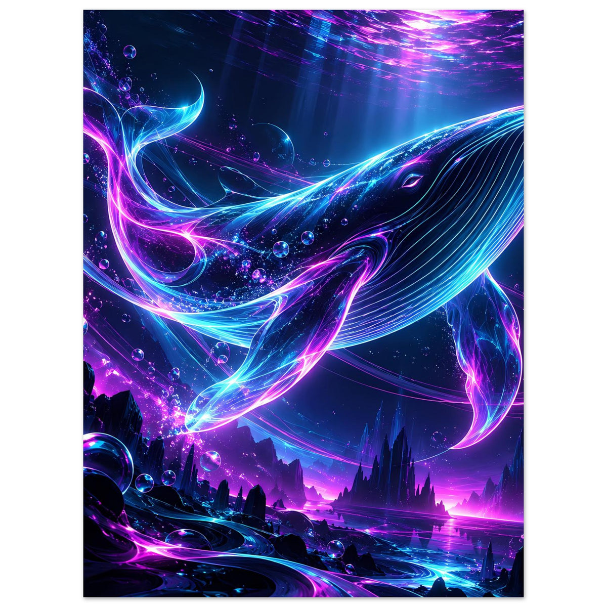 Unterwasserposter mit leuchtendem Neon-Wal in Pink und Blau mit Blasen und Wellen