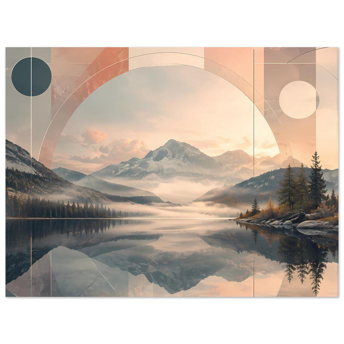 Querformatiges Poster mit Bergsee im Sonnenlicht, überlagert von Kreisen, Rechtecken und Linien