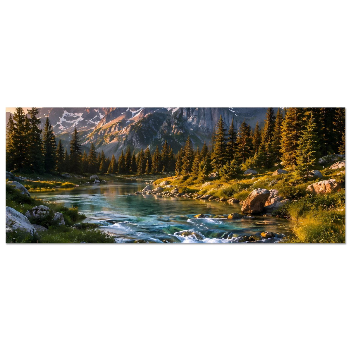 Landschaftsposter, horizontal: Flusslauf, Felsen und Nadelwald im Abendlicht