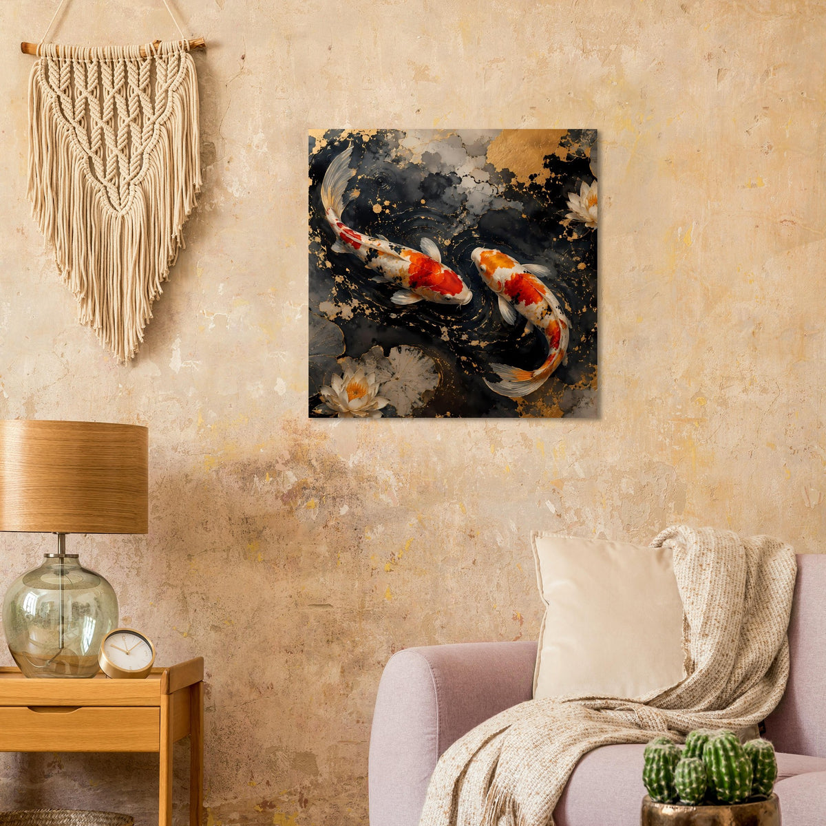 Rahmen-Kunstdruck mit zwei Koi-Karpfen im schwarzen Wasser, goldene Wirbel und Seerosen