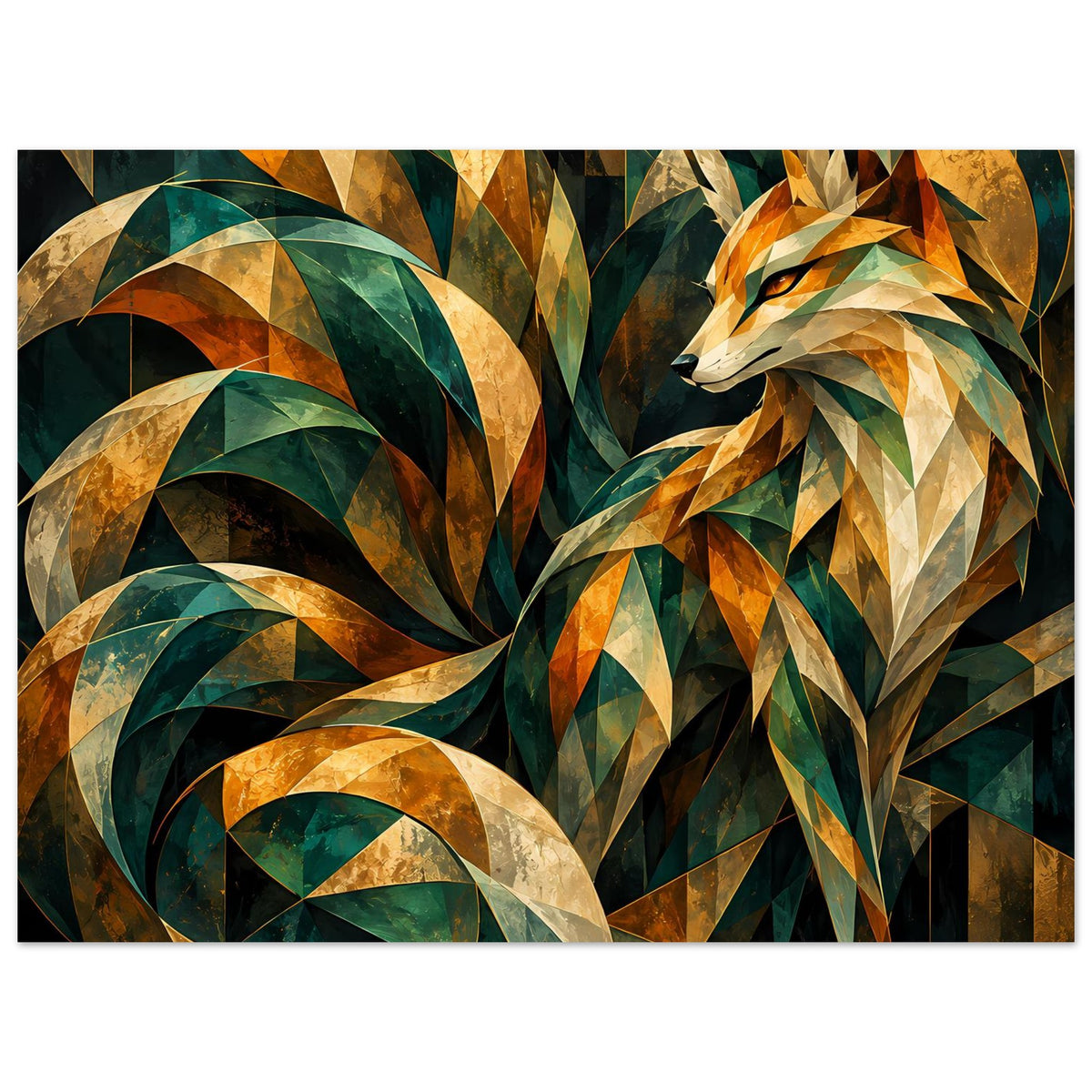 Quadratisches Kunstposter: Fuchs aus Prismen, Gold-, Grün- und Brauntöne, geometrisch