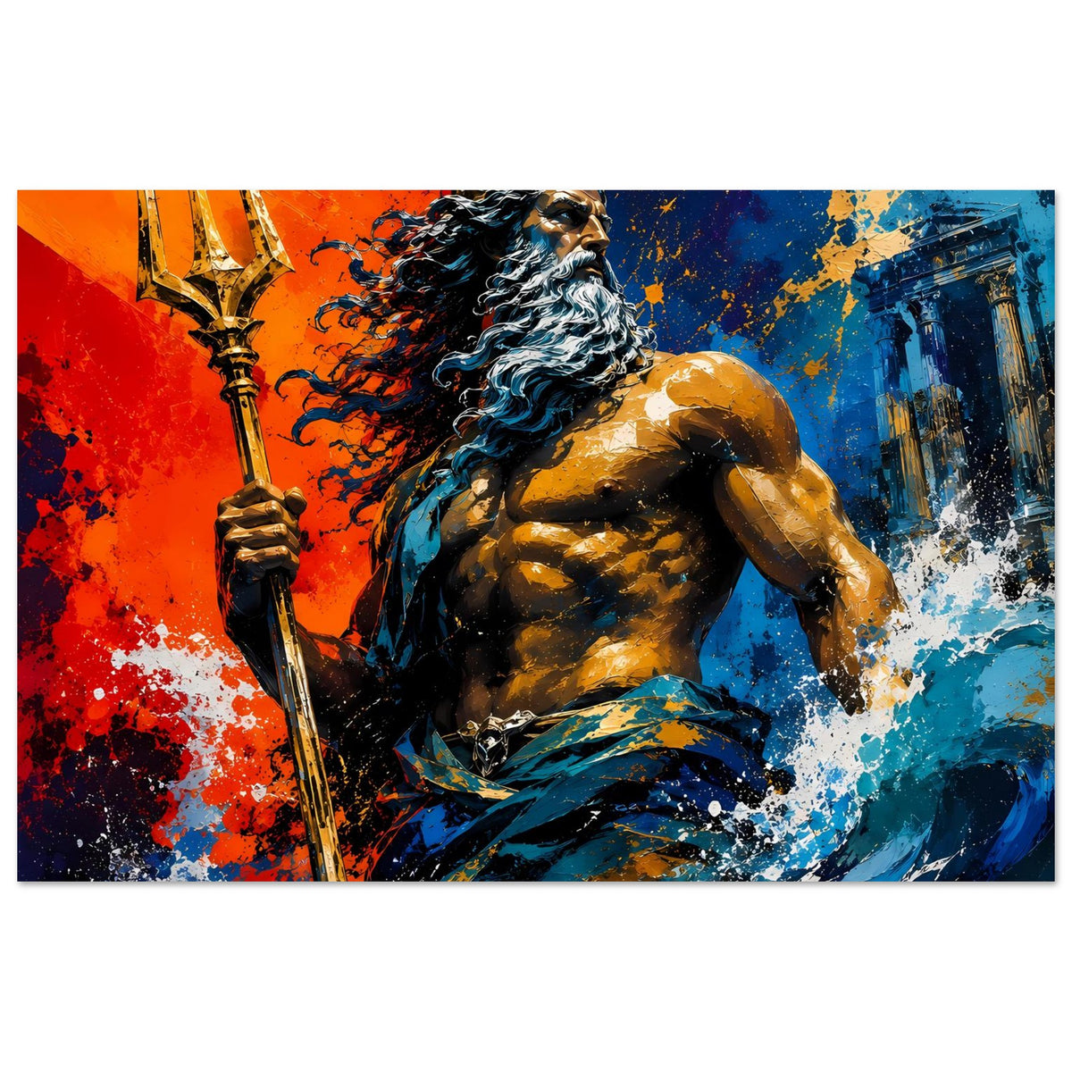 Poster im Querformat: Poseidon-ähnlicher bärtiger Gott mit Dreizack, dynamisches Rot-Blau-Gemälde