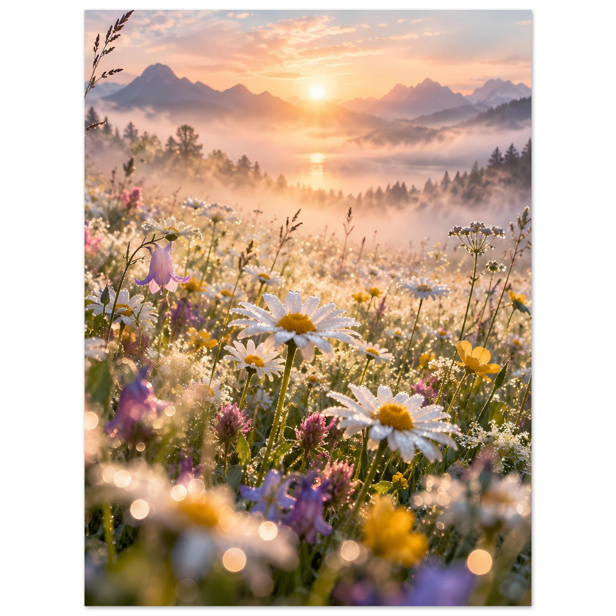 Hochformat-Poster: blühende Wildflower-Meadow mit gelben und weißen Blüten im Nebel