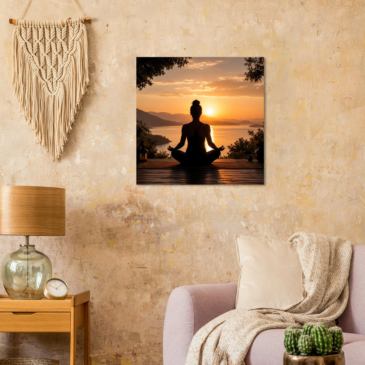 Quadratisches Poster mit Sonnenuntergang und meditierender Silhouette auf Holzsteg