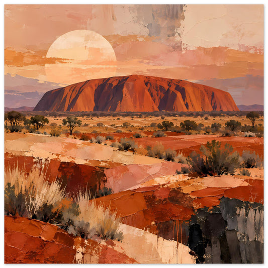 Wüstenlandschafts-Poster mit Ayers Rock, Sonne und roten Dünen in warmen Erdtönen