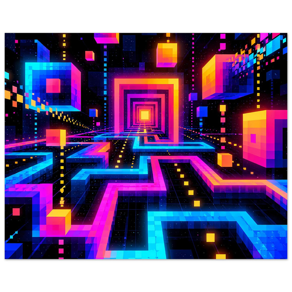 Neon-Geometrieposter im Querformat: labyrinthartige Ebenen mit zentralem Rahmen/Portal