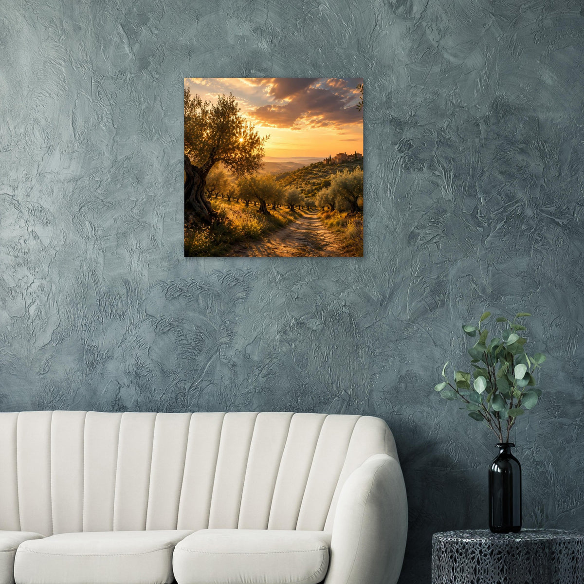 Poster mit Olivenhain und Feldweg bei Sonnenuntergang