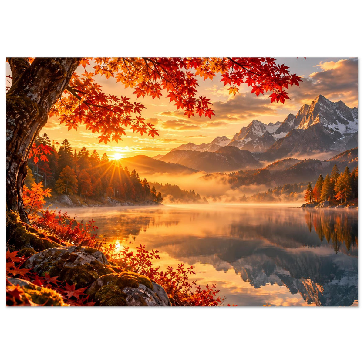 Herbstliches Sonnenaufgangs-Poster querformat mit See, Nebelwolken und leuchtenden Herbstfarben