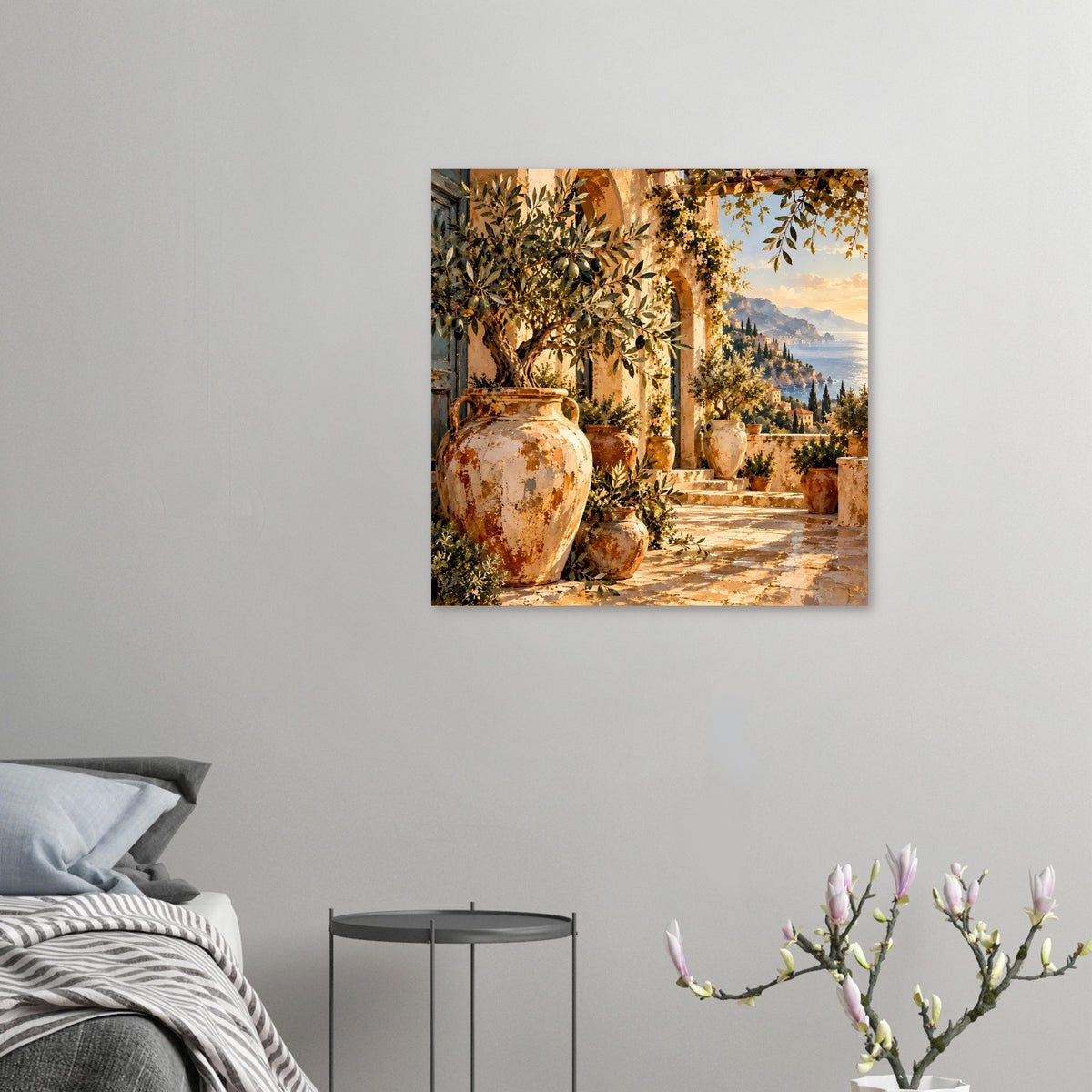 Kleines Poster mit mediterraner Terrasse, Olivenzweigen und großen Keramikvasen