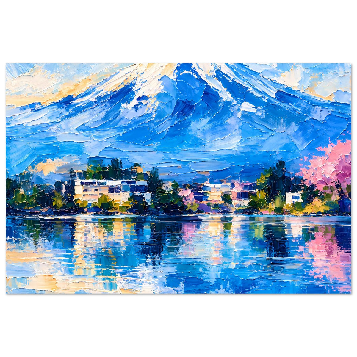 Kunstdruck Poster mit Berglandschaft, See und bunten Gebäuden, horizontal