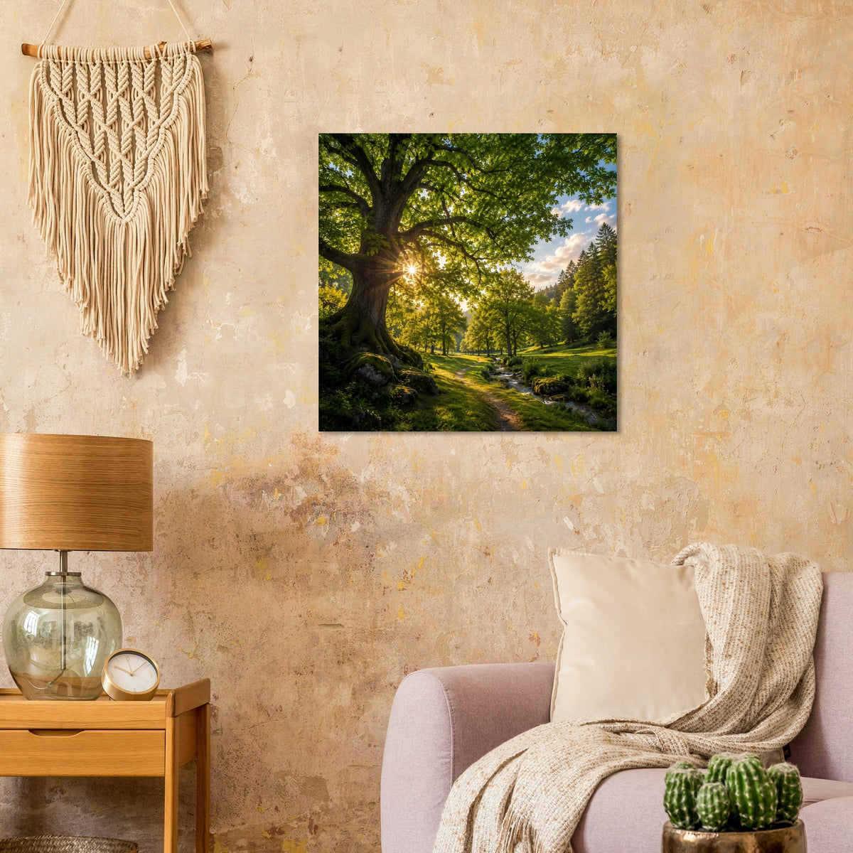 Waldlandschafts-Poster mit Lichtstrahlen und Pfad, quadratisch, im Rahmen