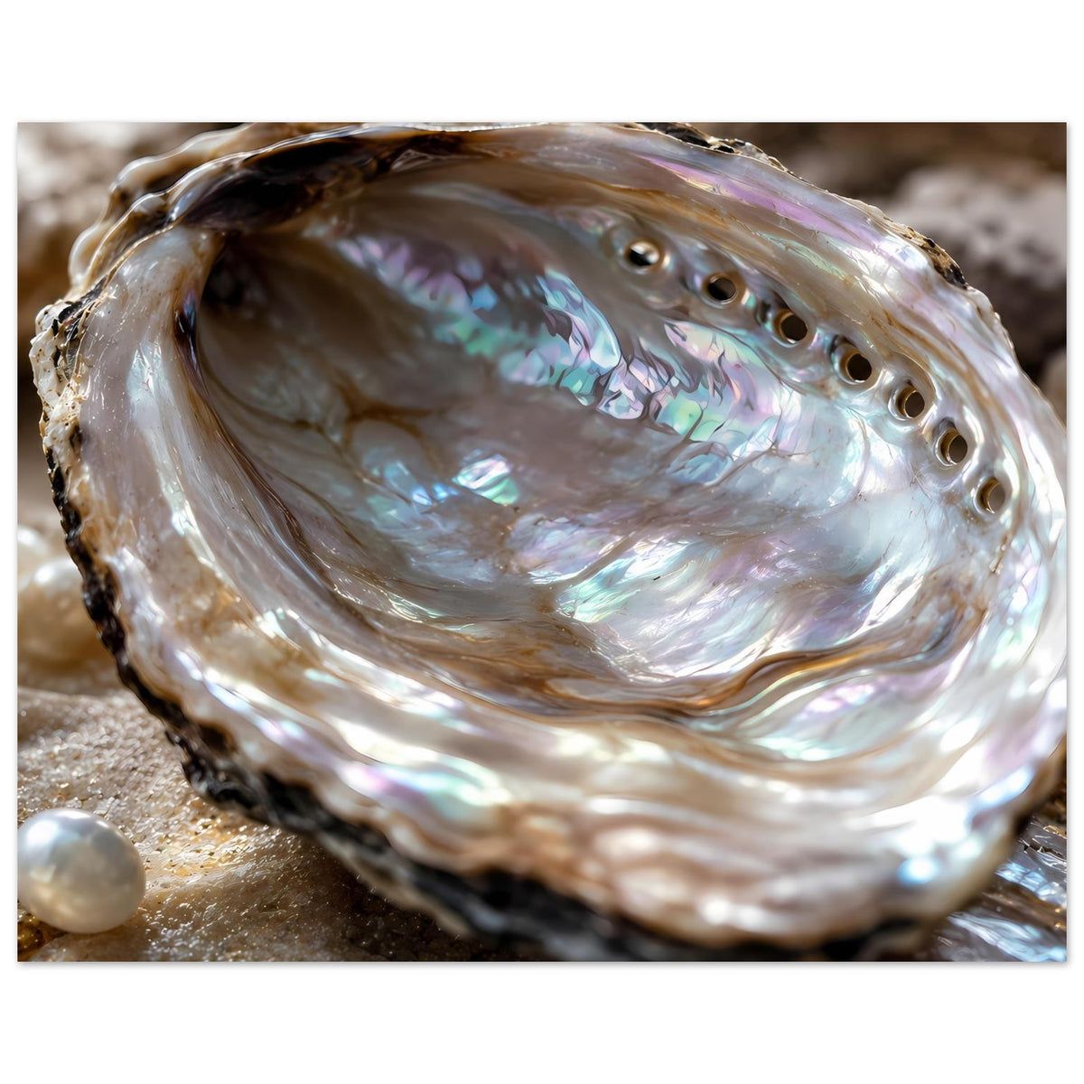 Poster mit Abalone-Muschel im Perlmuttglanz, sichtbare Schalenöffnungen