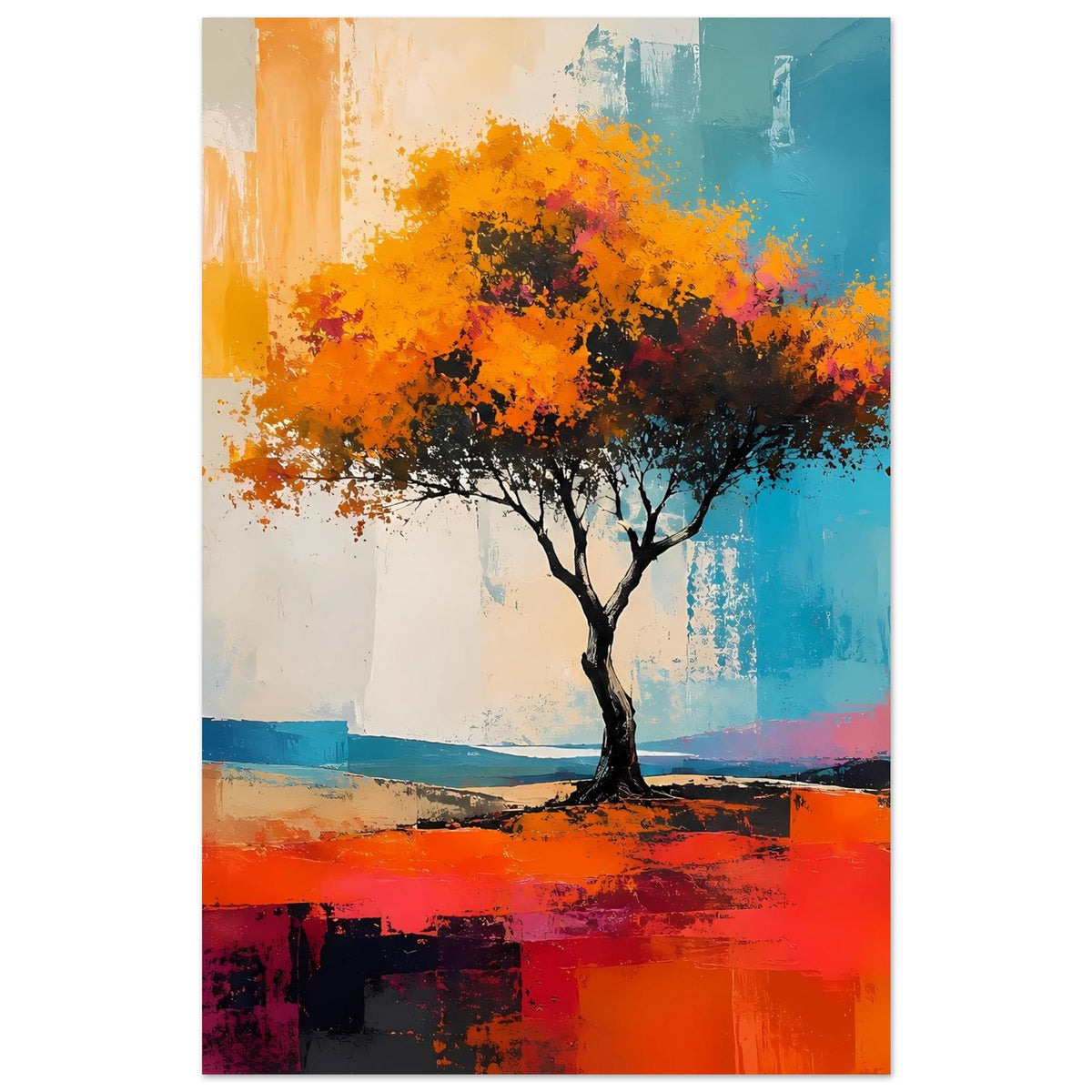 Hochformat-Poster mit abstraktem Baum: orange Krone, türkise Flächen, roter Vordergrund