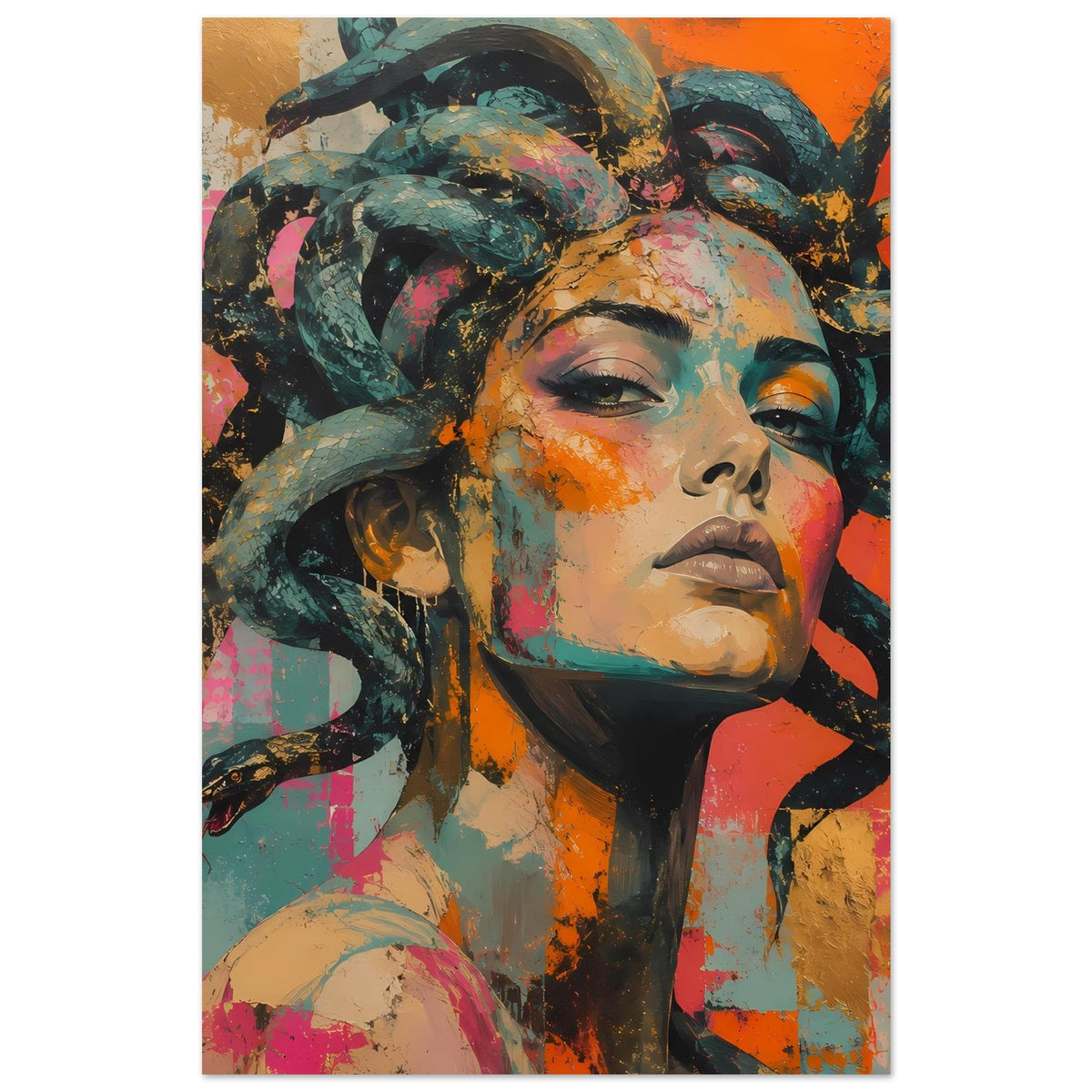 Kunstdruck-Poster (vertikal) mit Medusa-Gesicht, Schlangenhaar und Farbexplosion