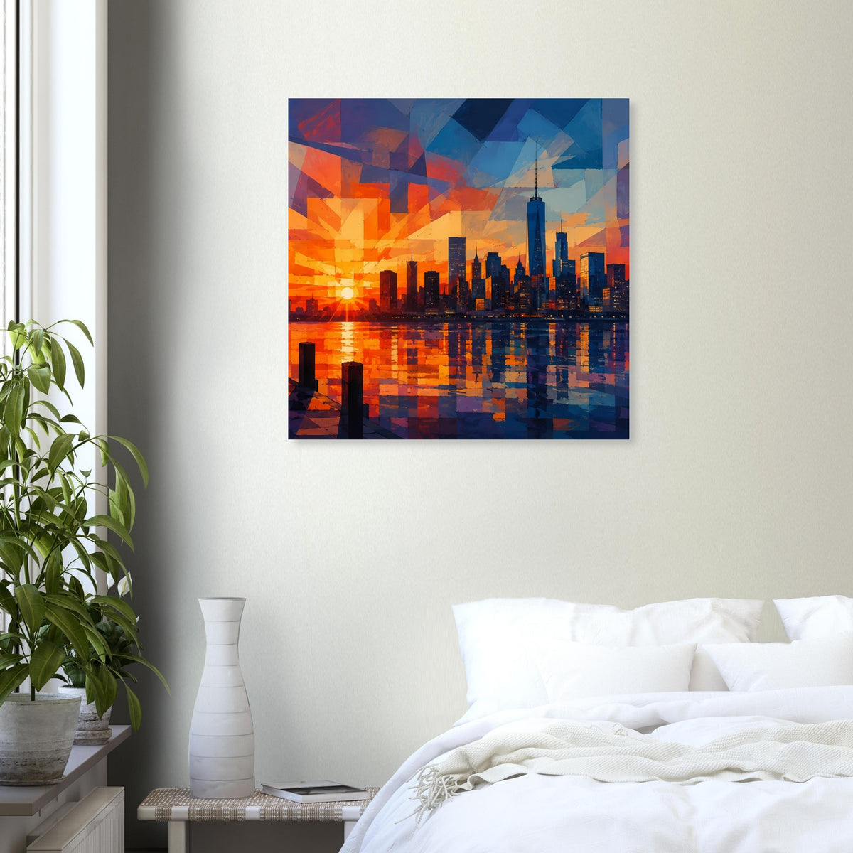 Quadratisches Poster: abstrakte Skyline bei Sonnenuntergang mit orangefarbenem Lichtreflex.