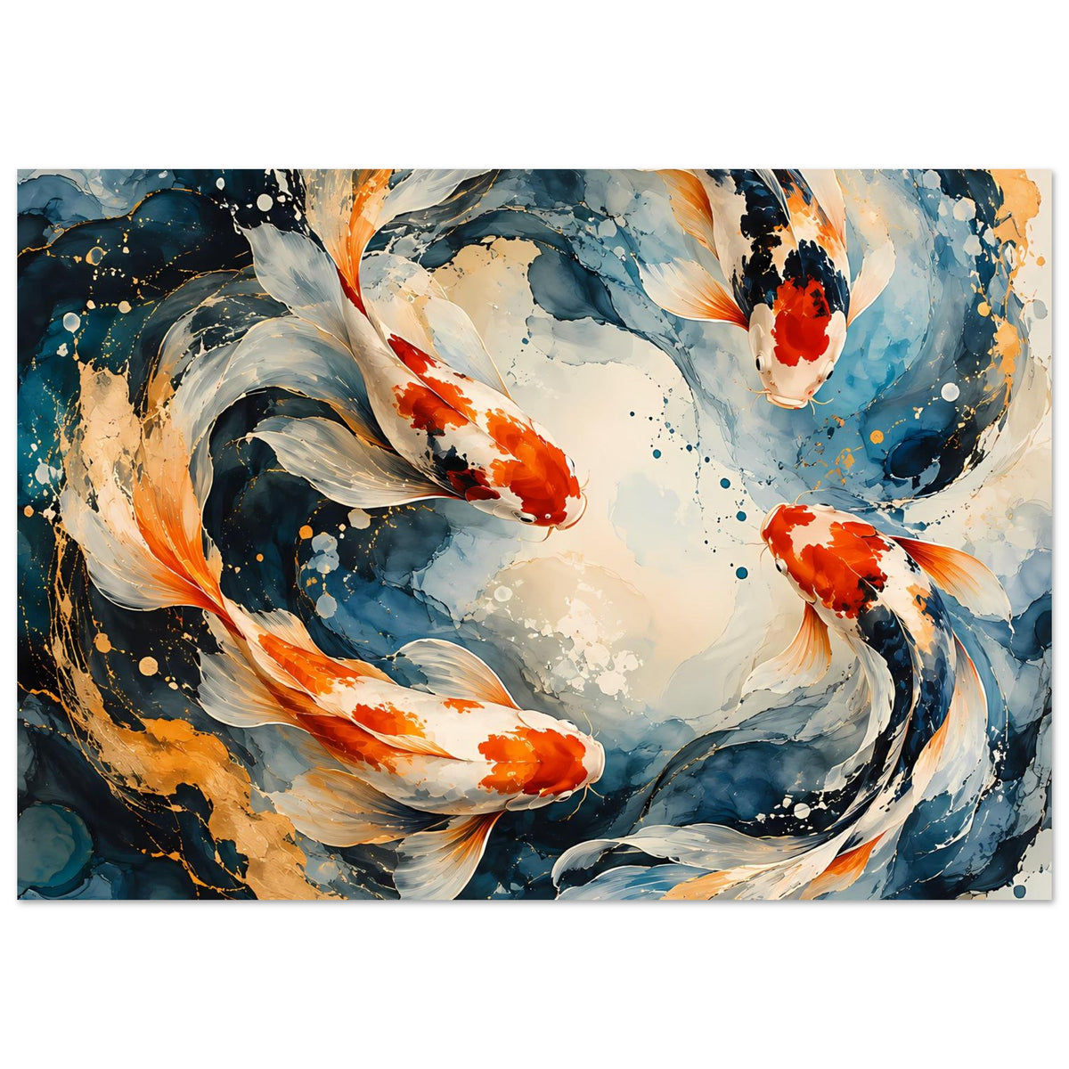 Japanisches Poster im Querformat: große Koi-Fische im Wasserwirbel, blau und orange