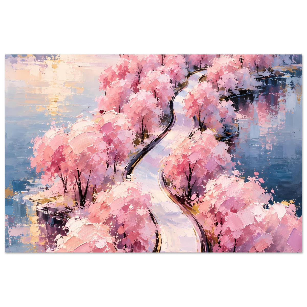 Horizontales Poster: rosa Baumblüten, gewundener Weg und reflektierendes Wasser, abstrakt gemalt