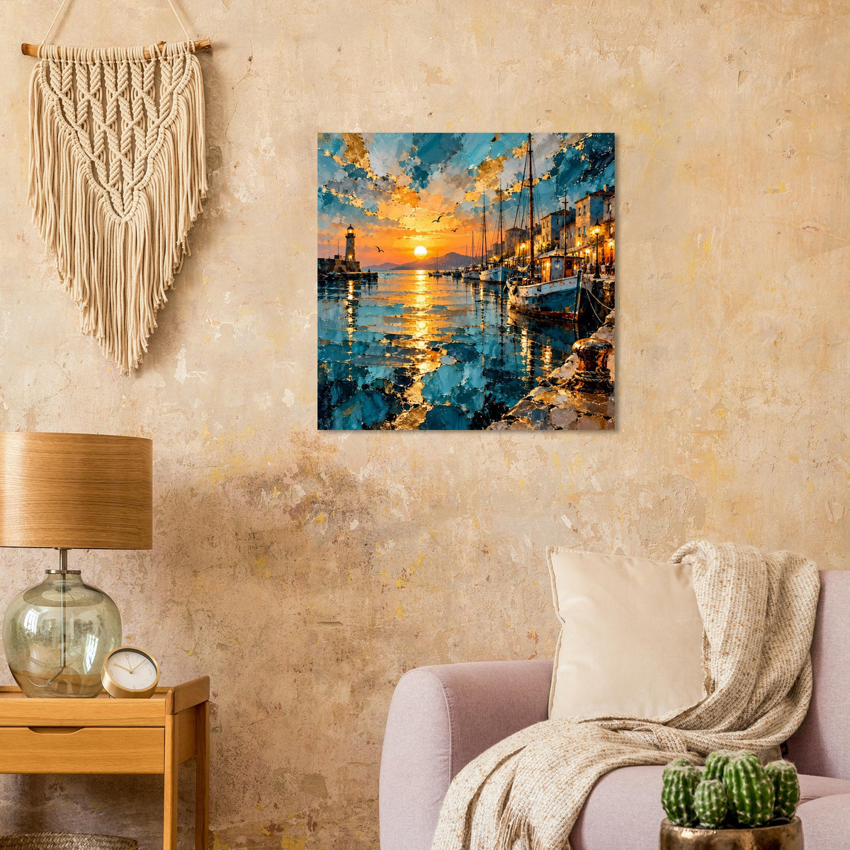 Poster mit Hafenpromenade bei Sonnenuntergang, blau-orangefarbene Farbtöne und Wasserreflexe