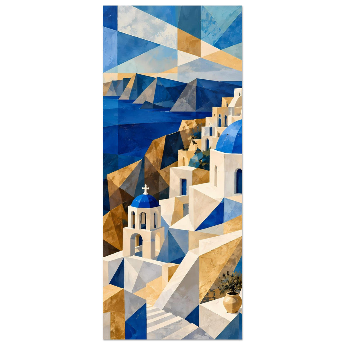 Hochformatiges Poster mit weiß-blauen Gebäuden, blauer Kuppel und blau-goldener Geometrie
