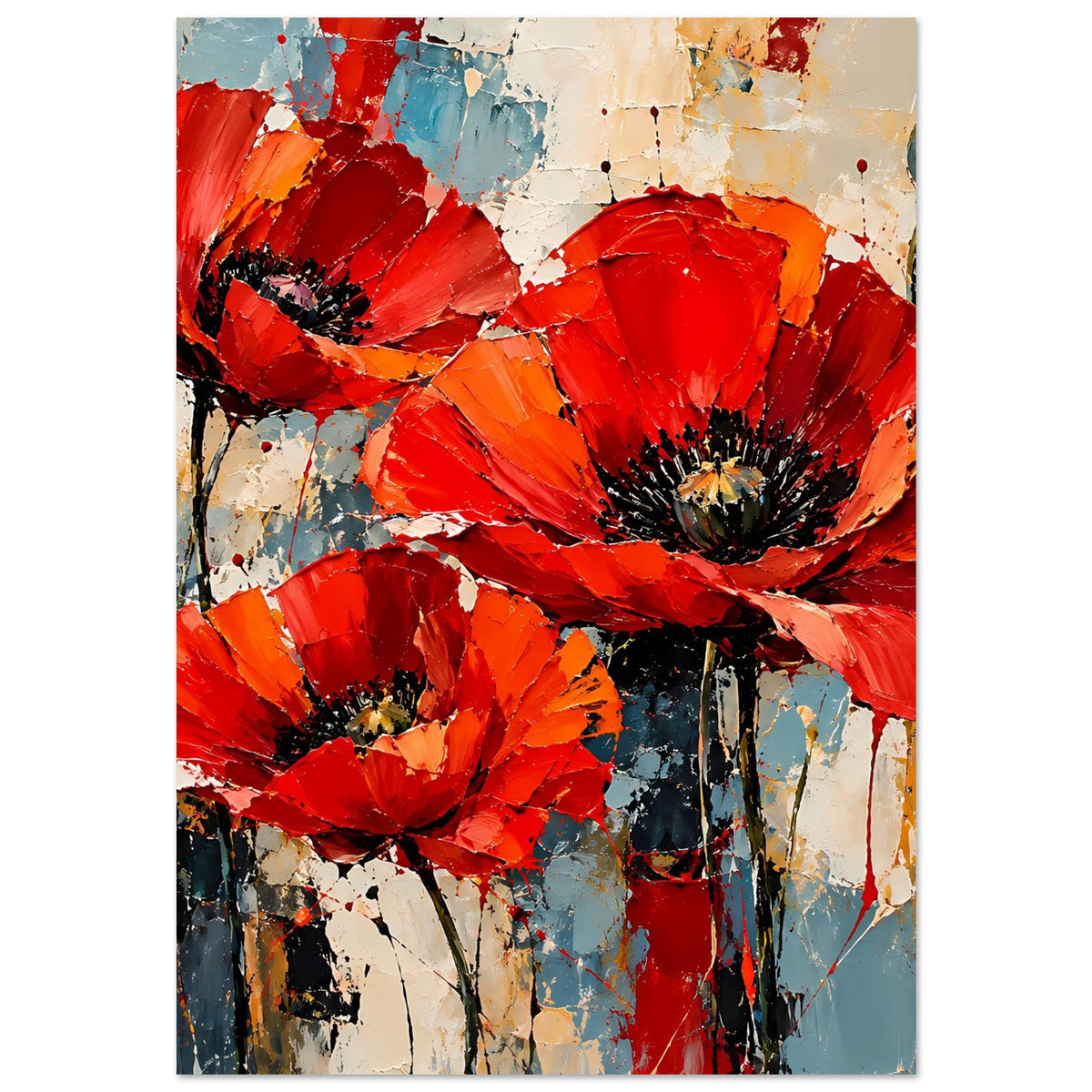 Abstraktes Poster mit roten Mohnblumen im Farbspritzer-Look, kräftige Akzente, gerahmt