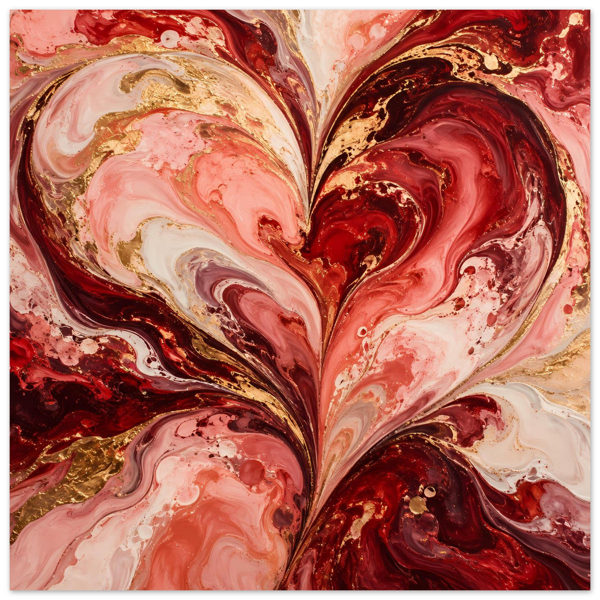 Liebesposter mit abstraktem Herz in Rot, Rosa und Gold, warme goldene Akzente