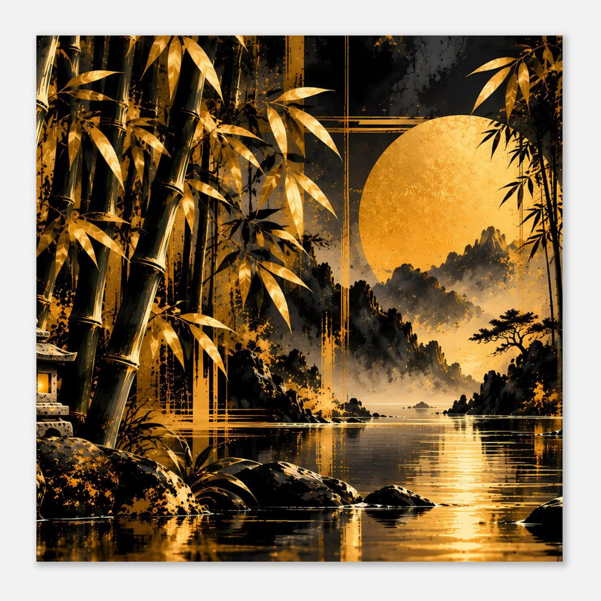 Wandposter mit goldenen Bambuslinien, See-Spiegelung und gelbem Mond über der Landschaft
