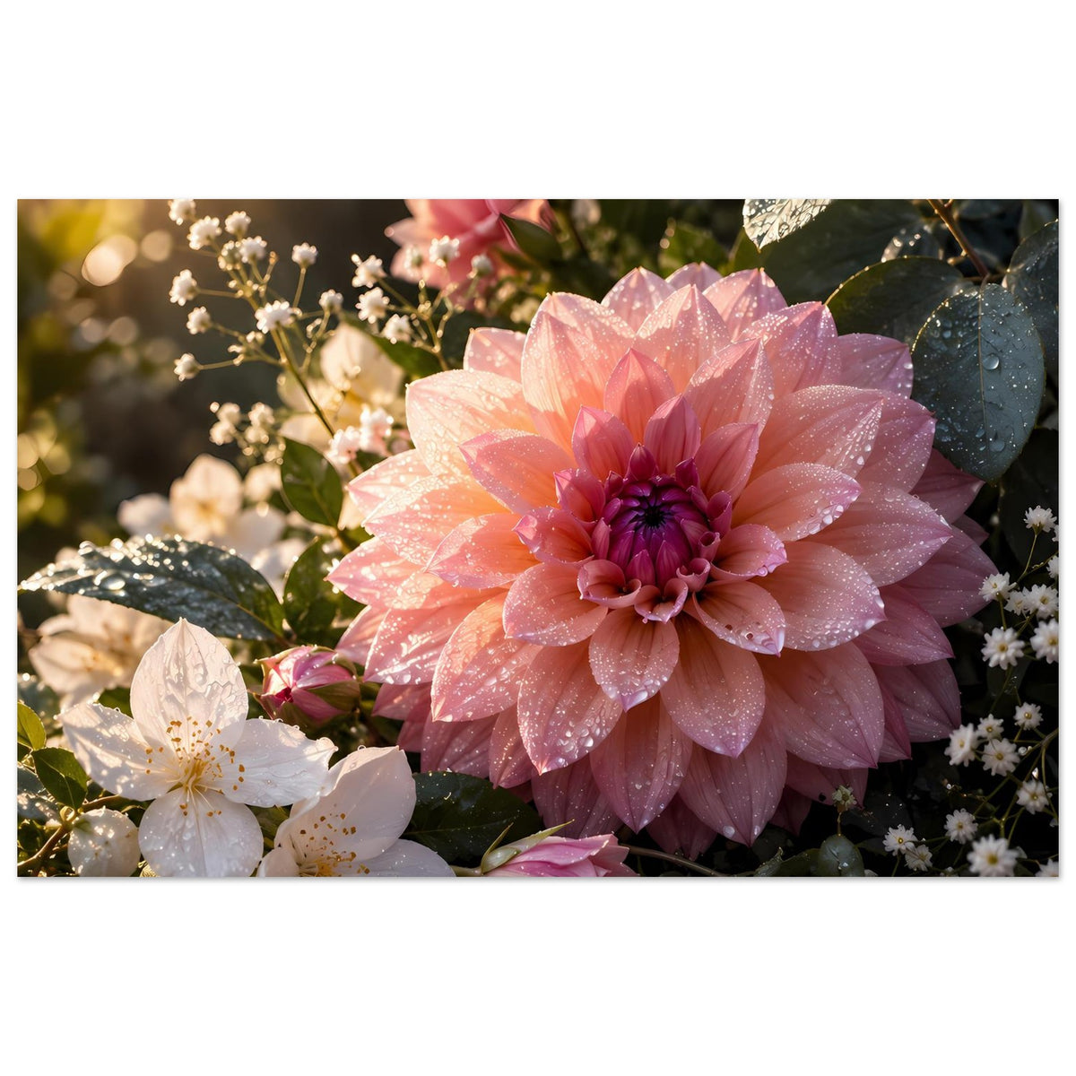 Panorama-Blumenposter mit rosa Blüte, weißen Blüten und taufrischen grünen Blättern
