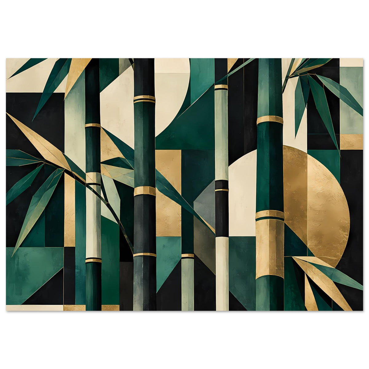 Naturposter mit abstrakten Bambusstämmen und Blättern in Smaragdgrün, Gold und Creme