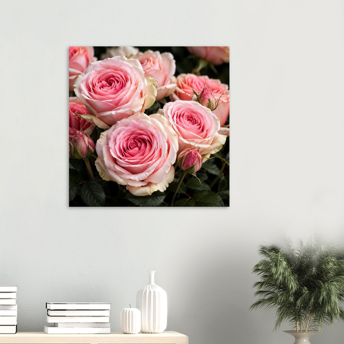 Quadratisches Rosen-Fine-Art-Poster mit drei rosa-weißen Rosenblüten und Knospen