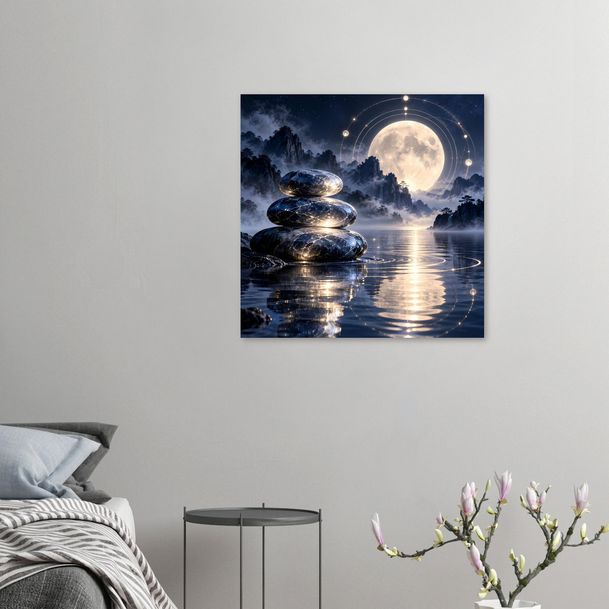 Mini-Poster mit Meditationssteinen, Mond über Landschaft und Reflexionen im Wasser