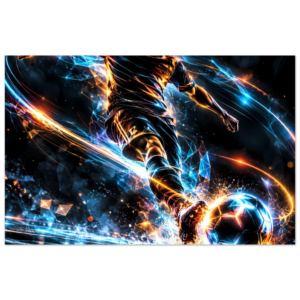 Neon-Fußballposter mit spielendem Athleten und leuchtendem Ball, dynamische Action-Optik