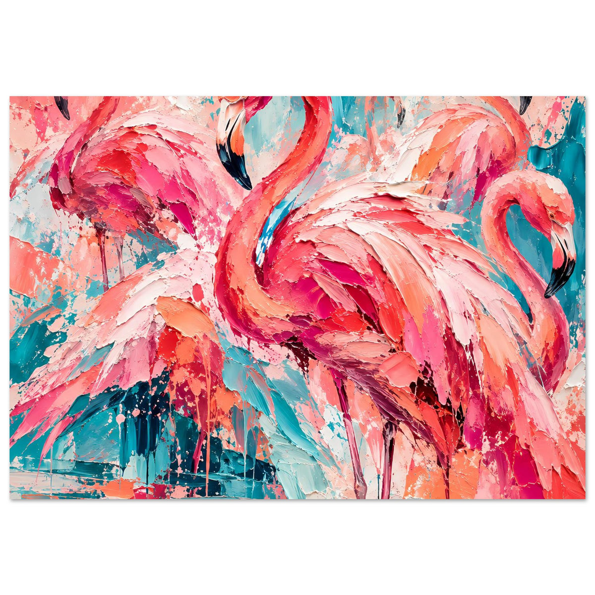 Flamingo-Kunstposter mit kräftigen Farbflächen in Pink, Türkis und Weiß, abstraktes Vogelmotiv.