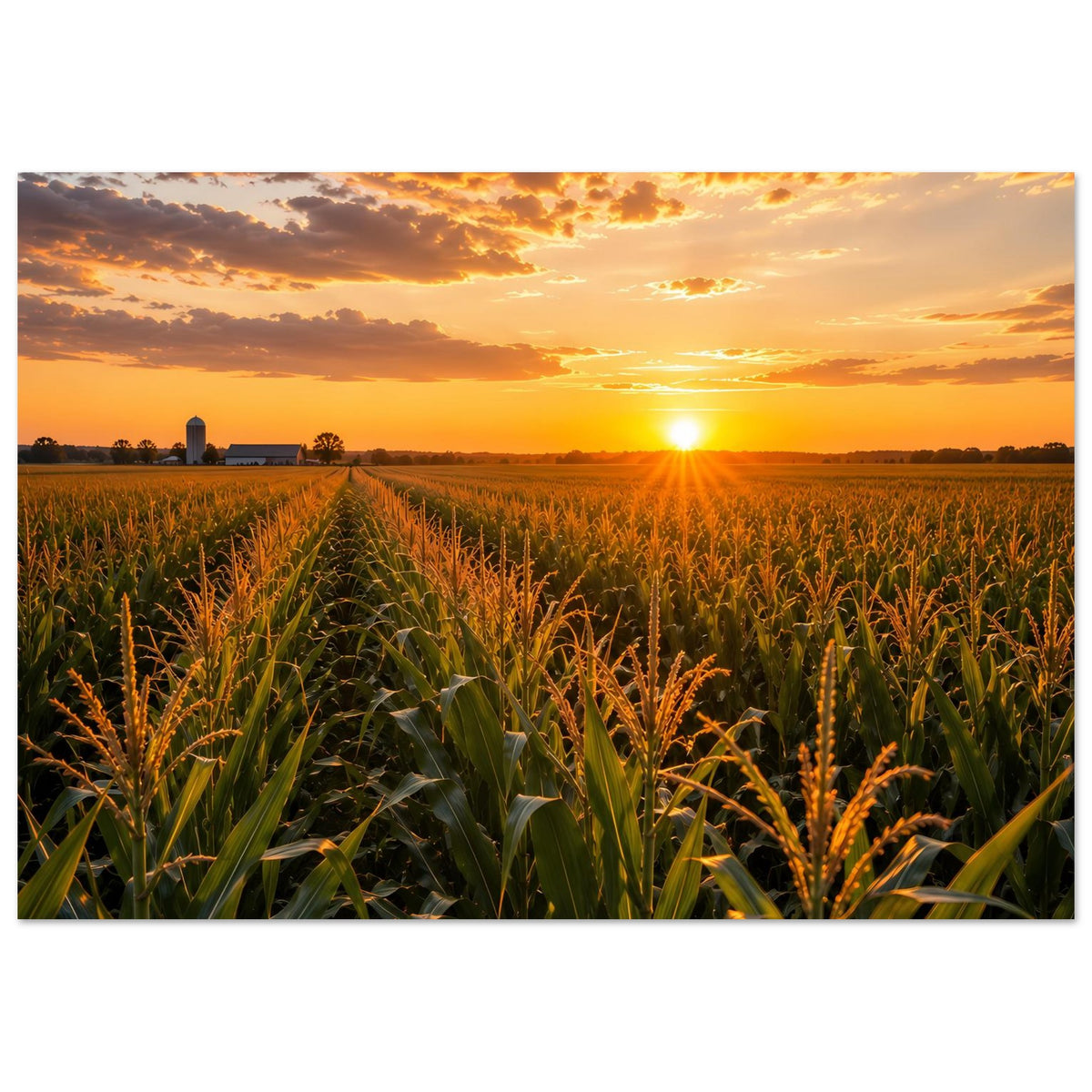 Mattes Poster (Querformat) mit Sonnenuntergang über Maisfeld und goldenem Wolkenhimmel