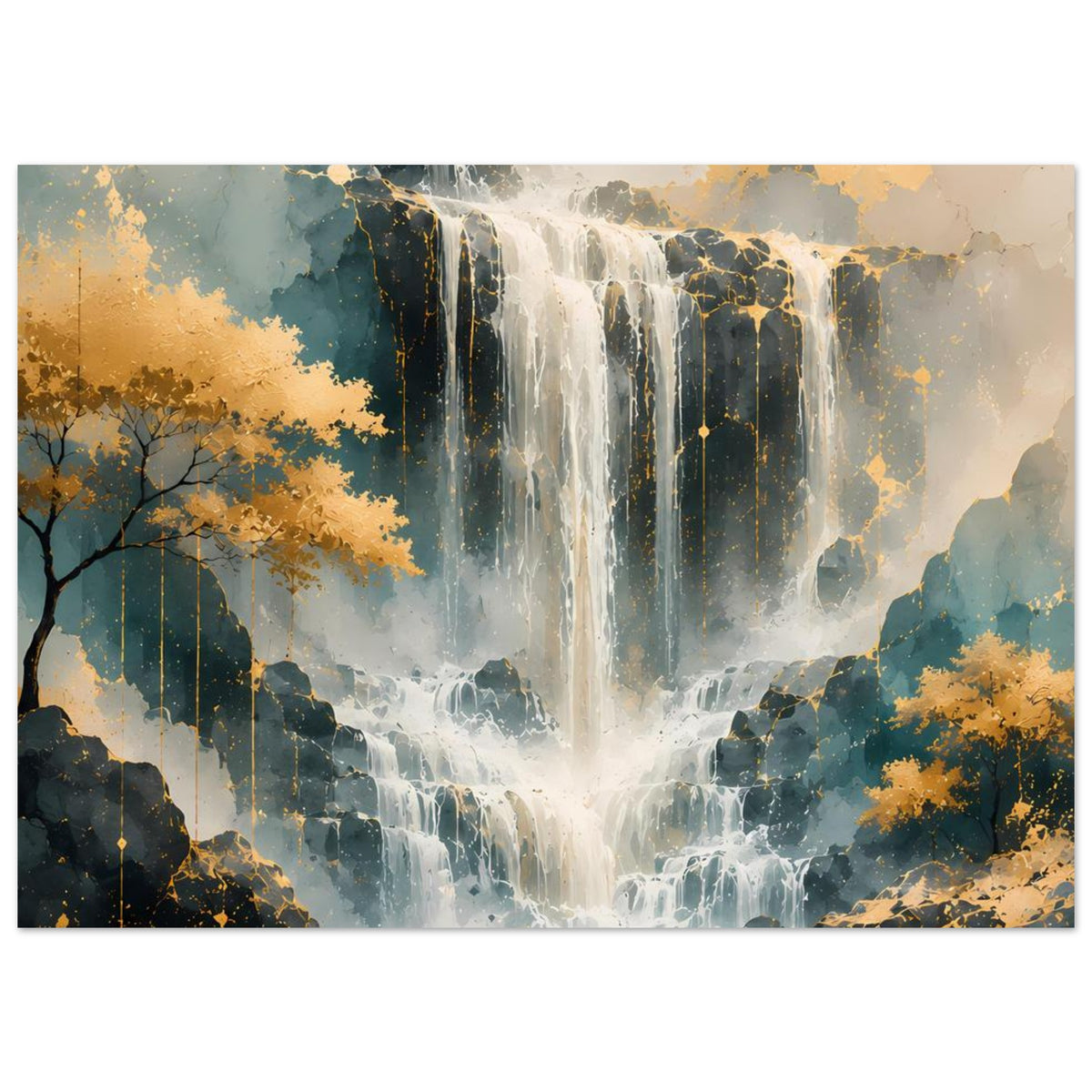 Kunstdruck-Poster mit großem Wasserfall, goldene Sprenkel, Felsen und Waldhänge im Hintergrund