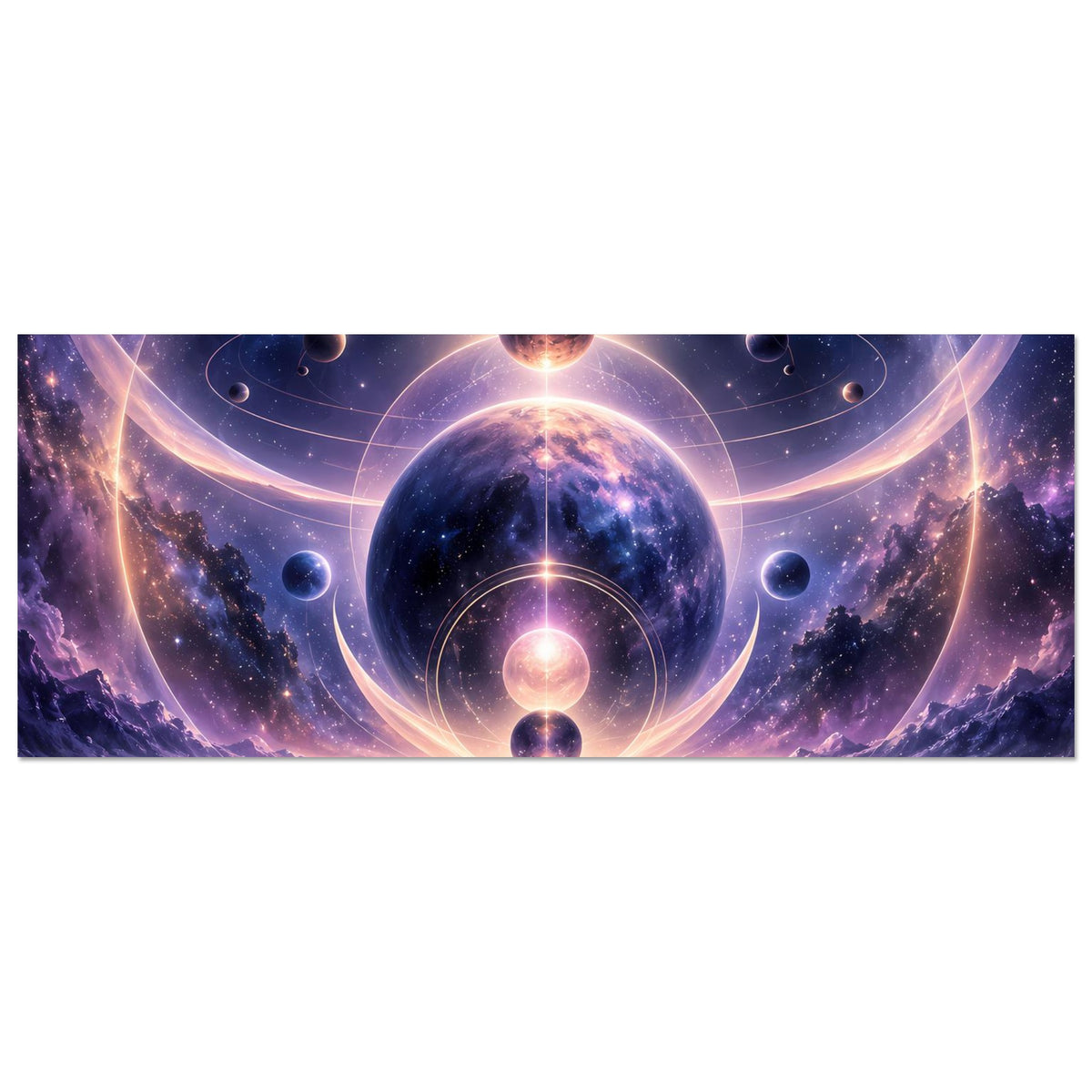 Horizontales Poster mit kosmischem Motiv: große Kugel, Lichtringe und Sternenobjekte.