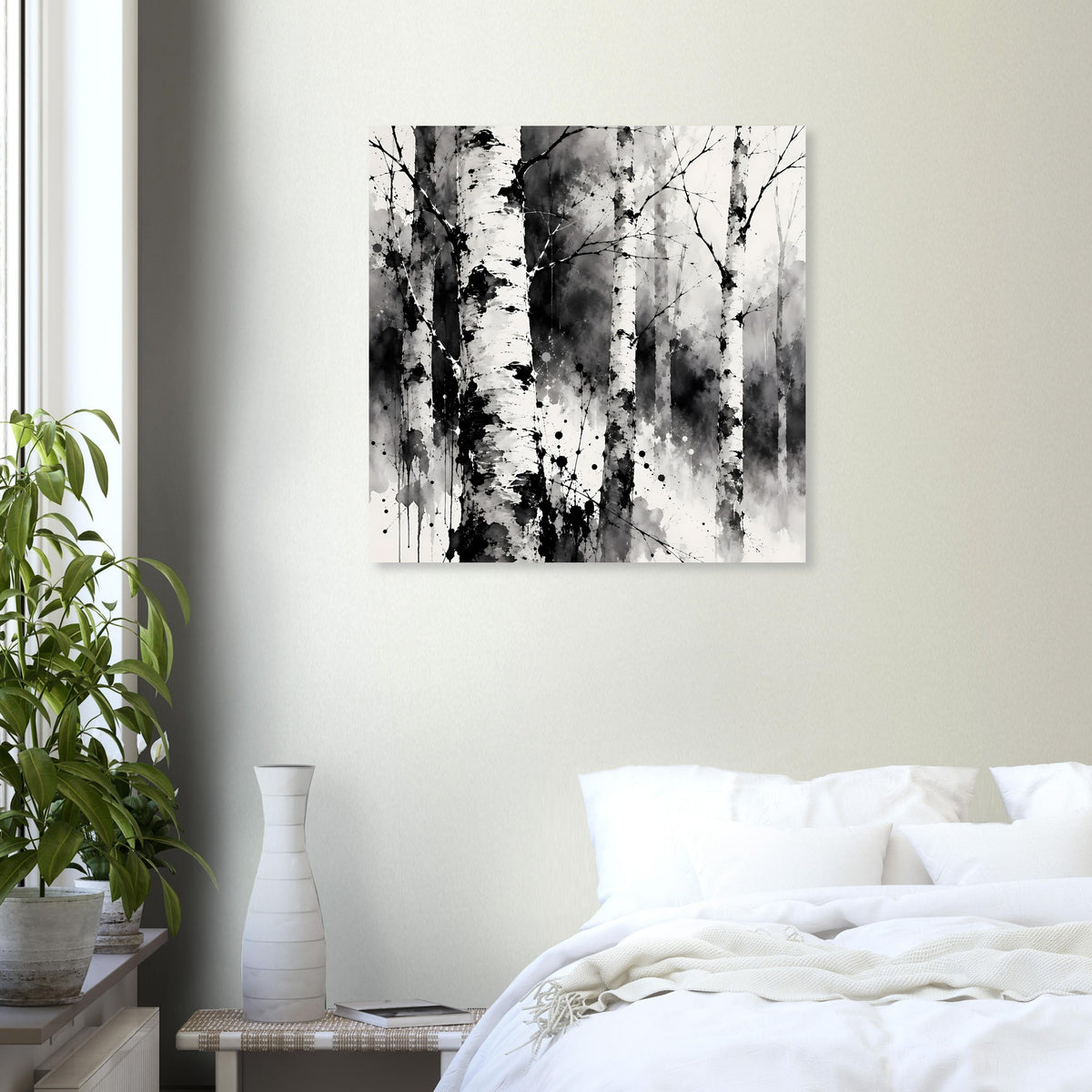 Monochromes Birkenwald-Kunstposter in hellem Farbton mit schwarzem Baum- und Zweigverlauf