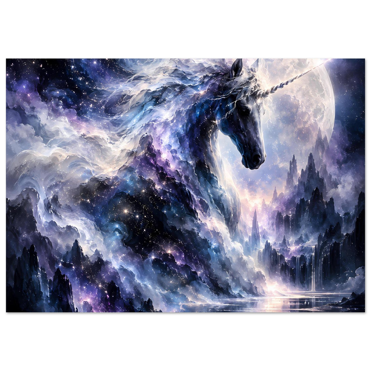 Galaktisches Einhorn-Poster mit Mond, Sternen und Fantasy-Schloss, violett-blauer Szene
