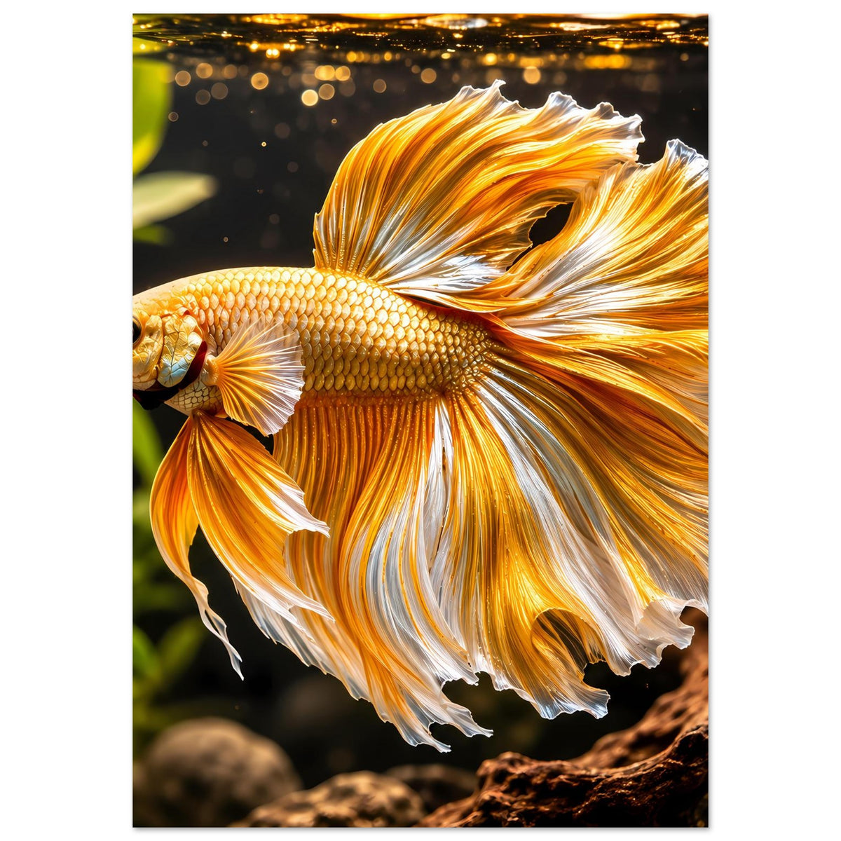 Posterdruck mit goldenem Betta-Fisch, große Schwanzflosse, vertikal