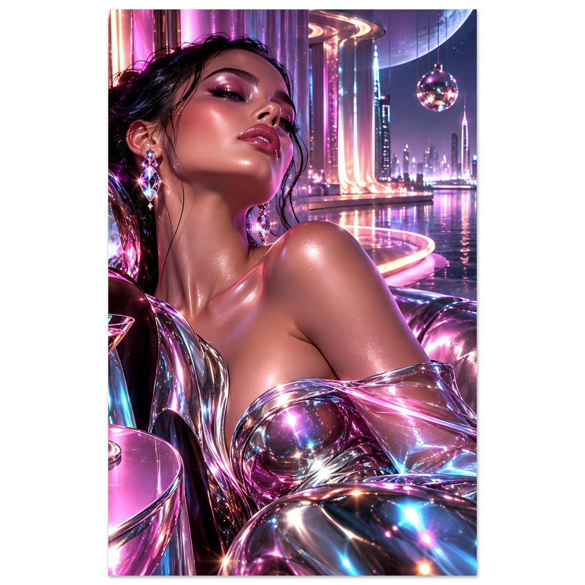 Neon-Poster im Hochformat: Frau mit silbrigem Bikini und Schmuck-Ohrringen, futuristische Stadt