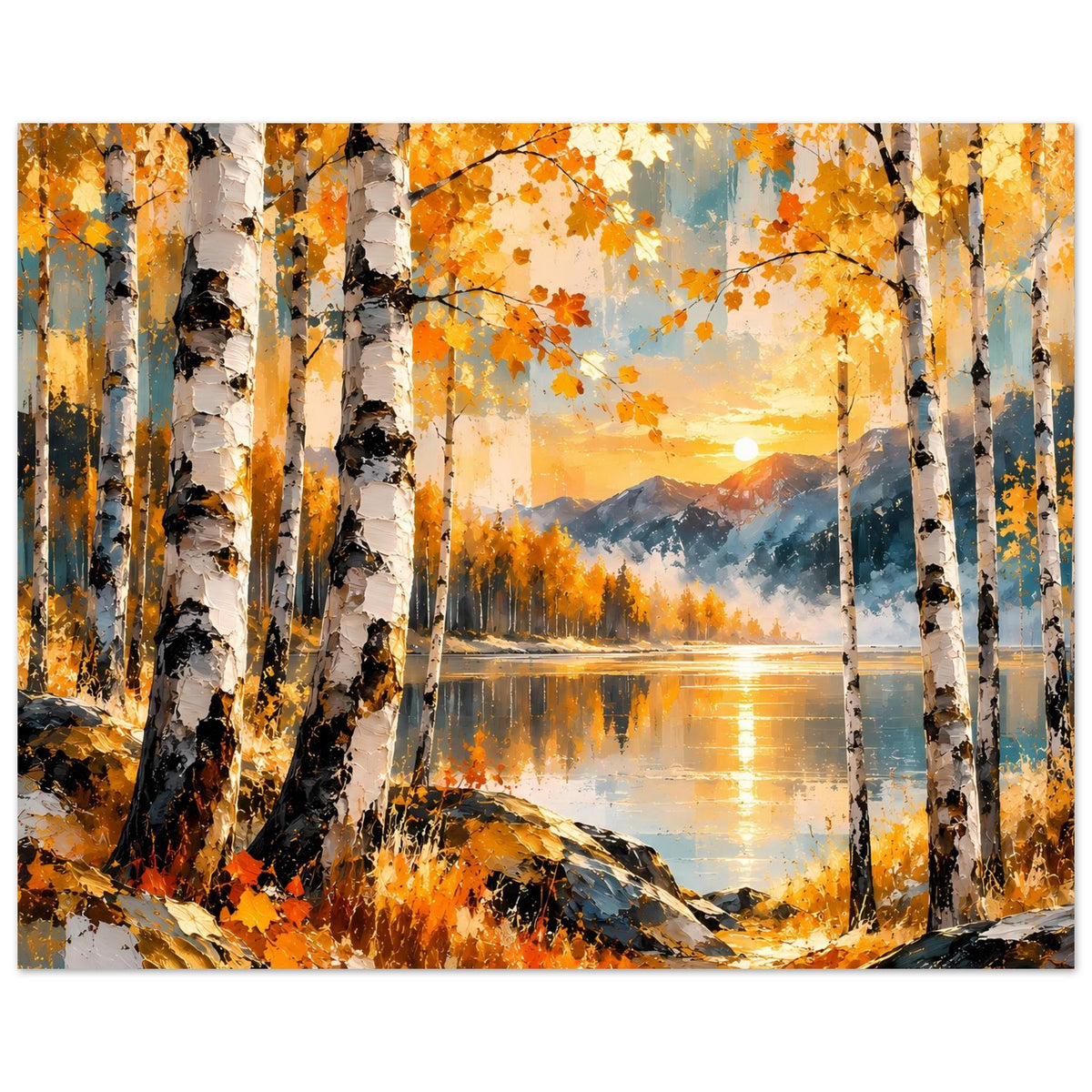 Herbst-Birkenposter im Querformat: orangefarbene Blätter, See mit Lichtstreifen und Hügeln.