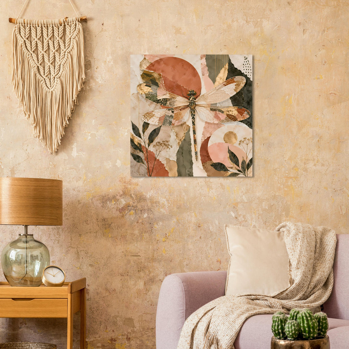 Boho-Chic Libellen-Poster mit quadratischem Rahmen, großflächige Libellenillustration in Erdtönen